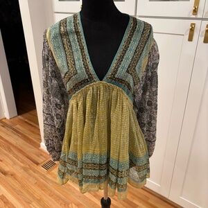 NWT Free People Silk Long Sleeved Sheer V Neck Blouse, Size XS